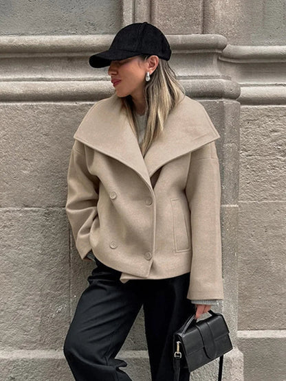 Tavimart - Large Lapel Collar Short Coats Retro Double-breasted Pocket Coat Female Autumn Loose Street Outwear