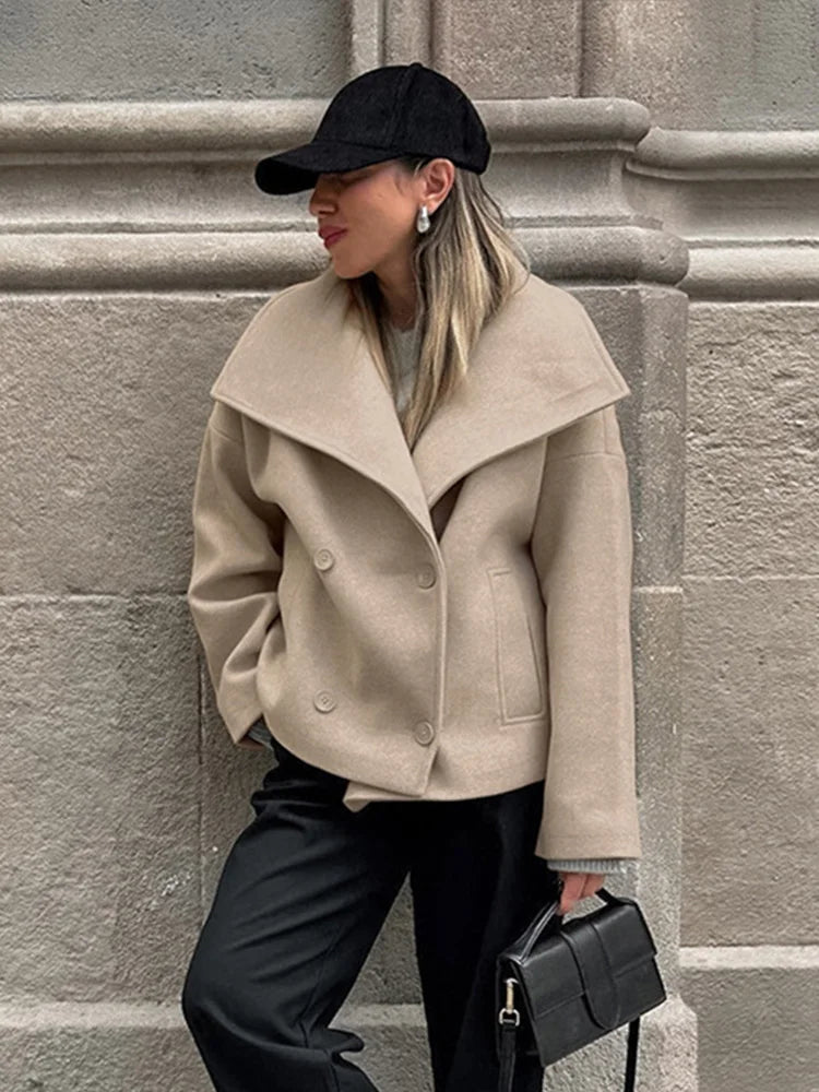 Tavimart - Large Lapel Collar Short Coats Retro Double-breasted Pocket Coat Female Autumn Loose Street Outwear