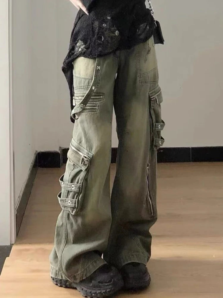 Zipper Cargo Denim Pants Hip Hop Retro Loose Pockets Straight Wide Leg Jeans Y2k Causal Female Trousers
