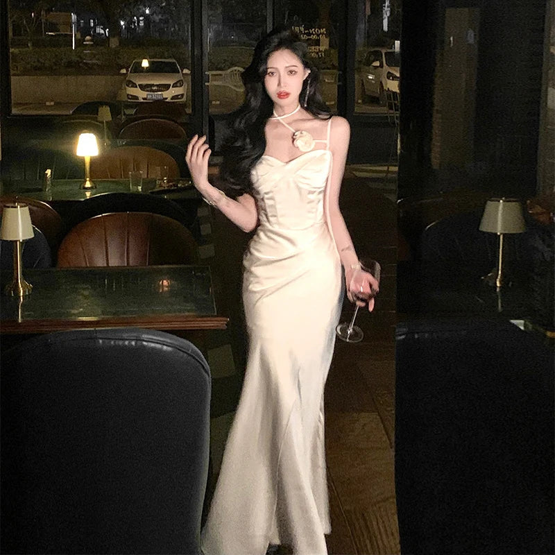 Summer Spaghetti Strap Evening Party Prom Club New Backless Split Satin Long Dresses Female Vestidos