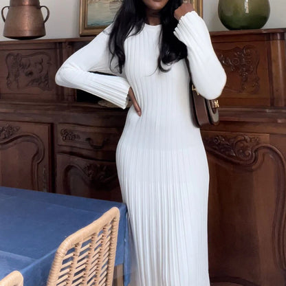 Ribbed Knit Full Sleeve Maxi Dress Crew Neck Bodycon Pencil Long Dress Tie Waist Dress 90s