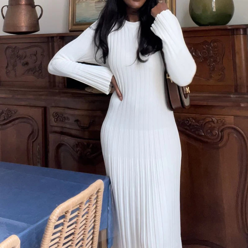 Ribbed Knit Full Sleeve Maxi Dress Crew Neck Bodycon Pencil Long Dress Tie Waist Dress 90s
