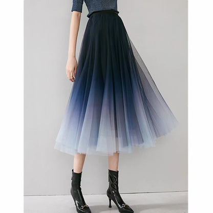 Gradient Tulle Midi Skirt Mesh Pleated Skirts Summer Korean High Waist All Match a Line Skirt