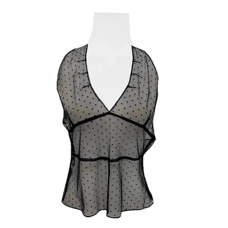 Vneck Seethrough Waistcoat Polka Dot Y2k Top Halter Fold Vest Woman Tanks Korean Ropa De Mujer