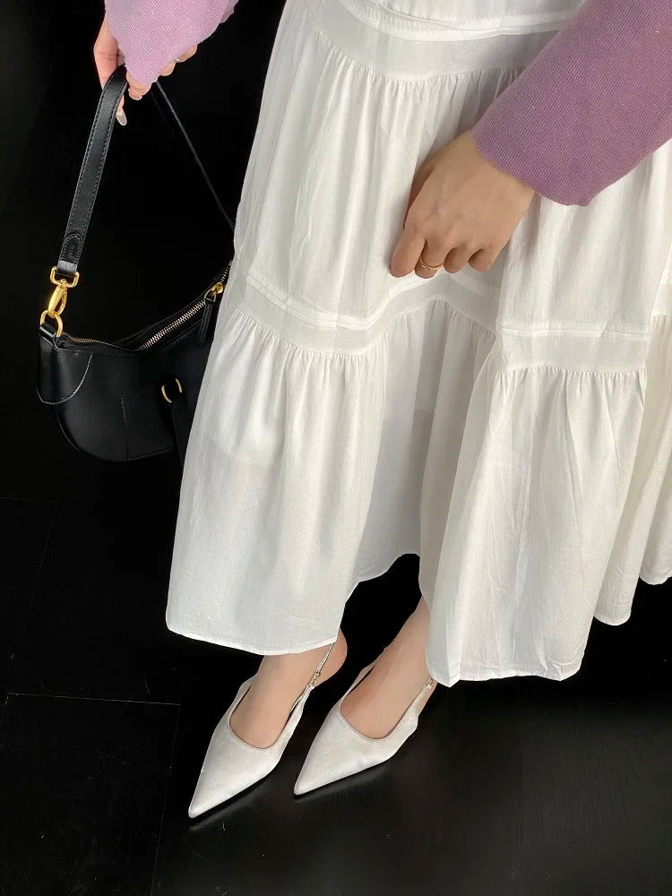 Satin Pointed Toe Mules Pumps Sandals Spring Shallow Thin Low Heels Female Shoes