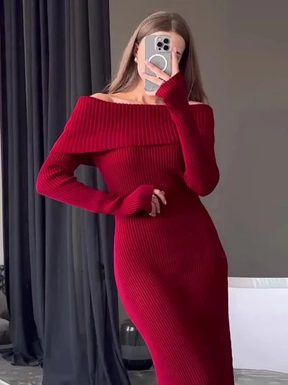 Knit Long Dress Off-shoulder Female Ribbed Loose High Waist Autumn Party Dress Knitwear Maxi Dress