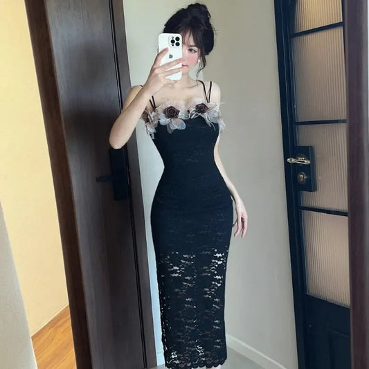 Sweet Hot Girl Lace Patchwork Strap Dress Autumn Mesh Flower Hollow Long Dress Female Clothes