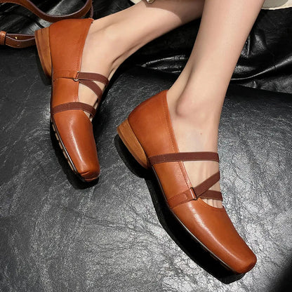 Womenn's Genuine Leather Square Toe Elastic Band Slipon Ballet Flats Cross Strap Female Slim Soft Comfortable Ballerians Shoes