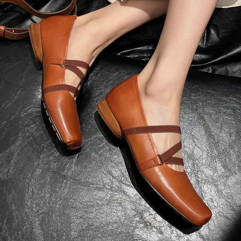 Womenn's Genuine Leather Square Toe Elastic Band Slipon Ballet Flats Cross Strap Female Slim Soft Comfortable Ballerians Shoes