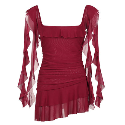 Aline Asymmetrical Tiered Mini Dress Coquette Aesthetic Ruffle Square Collar Layered Dresses Party