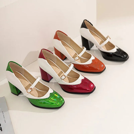 Green Orange Black Patent Leather Fretwork Pumps Sweet Shallow Mary Janes Shoes Female High Heels Footwear Size 48