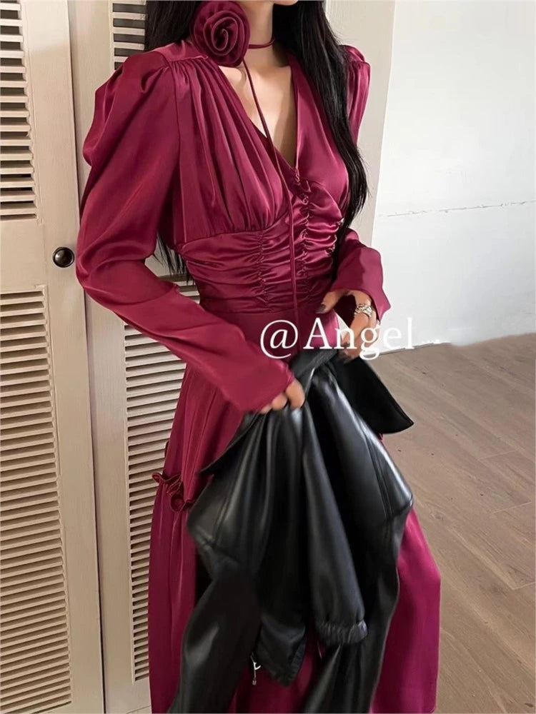 Autumn Satin Midi Dresses for Long Sleeve V-neck Folds Design A-line Korean Office Lady One Piece Vestidos New