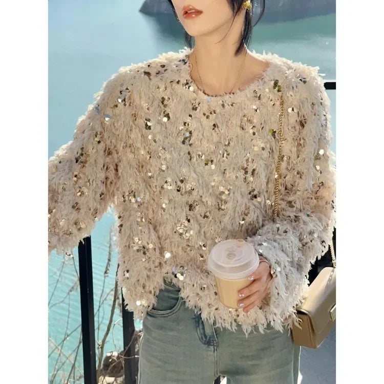 Korean Sequin Tassel Sweaters Mujer Autumn New Oneck Plush Knitted Pullover Y2k Egirl Long Sleeve Tops