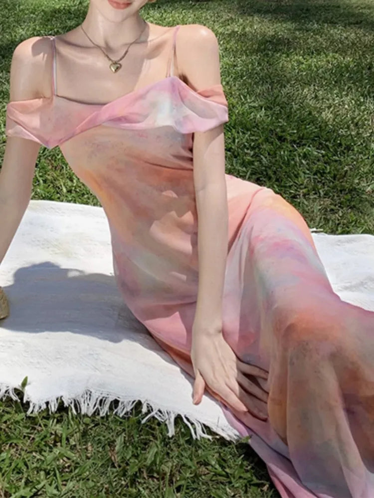 Summer Midi Dress Spaghetti Strap Beach Holiday Party Vestidos Female Clothes Robe New