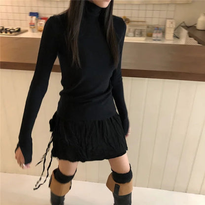 Summer Korean Retro High Street Low Waist Irregular Pleated Lace Up Short Skirt Skirt