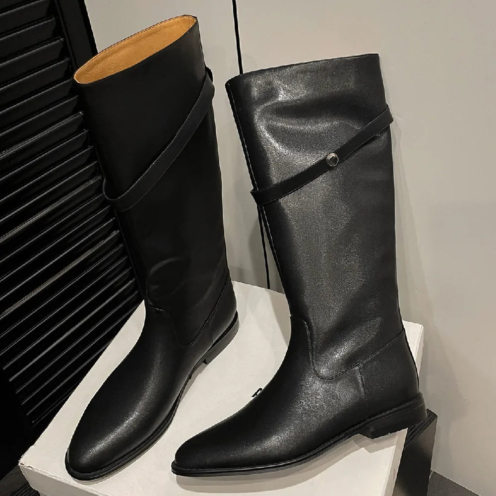 Genuine Leather Slipon Flats Autumn Knee High Knight Boots Female Long Winter Shoes for New