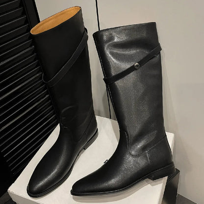 Genuine Leather Slipon Flats Autumn Knee High Knight Boots Female Long Winter Shoes for New