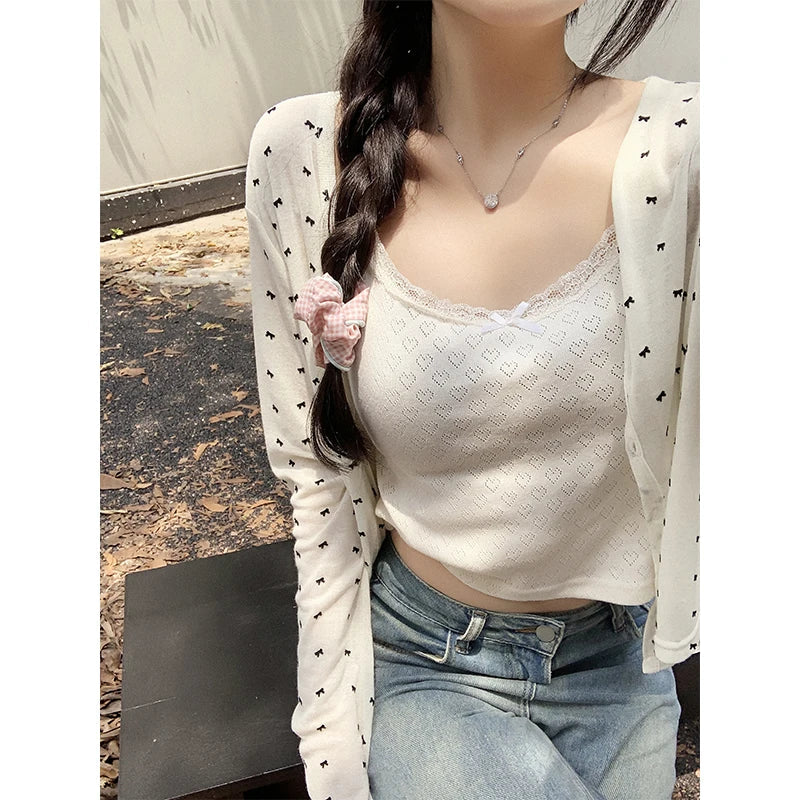 French White Bow Print Long Sleeved Knitted Sweater Spring Autumn New Gray Versatile Cardigan Tops Clothes Trend