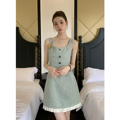 Autumn/winter New French Style Small Fragrant Style Coat+strap Camisole Dress High End Two Piece Set Outfits