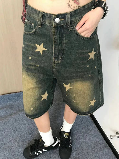 Star Print Denim Jean Shorts Hip Hop Quarter Pants Y2k Oversize Do Old Summer Slouchy Bottoms