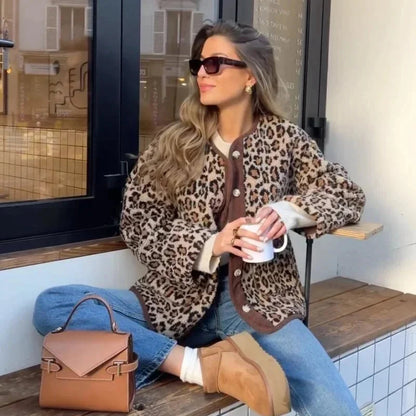 Leopard Print Single Breasted Jacket O Neck Long Sleeves Pocket Coat New Lady Warm Outerwear