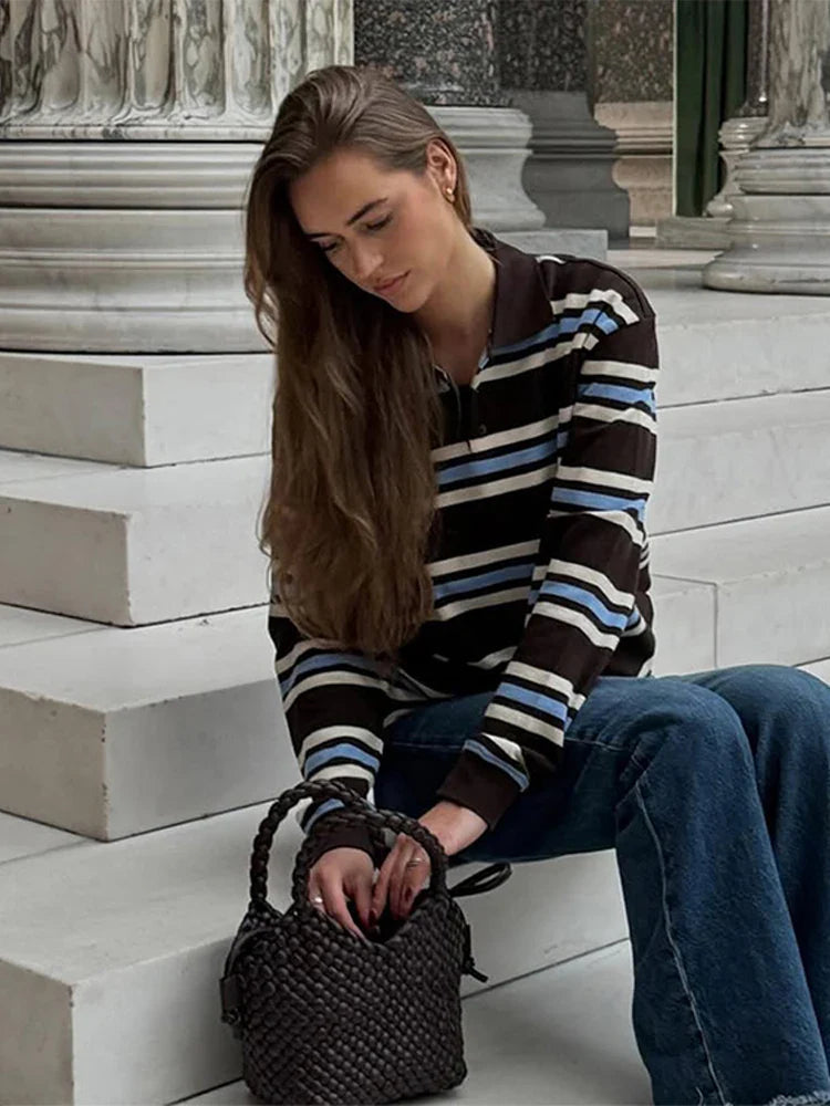 Stripe Basic T-shirt Long Sleeve Female All Match Polo Shirt Spring New Loose Tops High Street