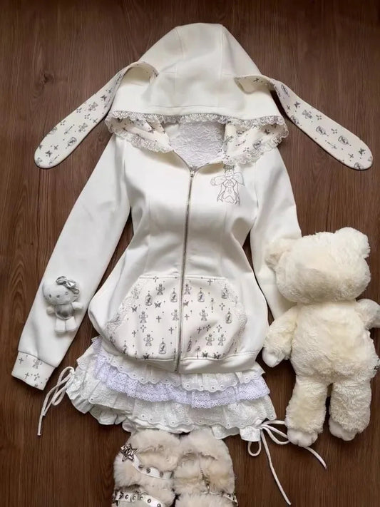Sweet 2 Piece Set Kawaii Print Hooded Zipper Coat + Y2k Lace High Waist Mini Skirt Autumn New Outfits Clothing