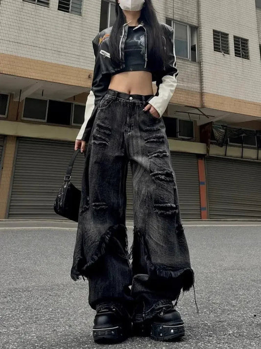 Washed Do Old Ripped Jeans Hip Hop Retro Oversize Spliced Straight Denim Pants Y2k Causal Mujer Bottoms