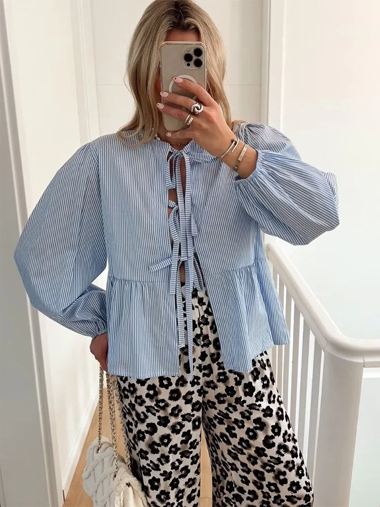 Summer Causal Round Neck Laceup Blouses Puff Long Sleeves Loose Shirt Y2k Female Stripe Tops