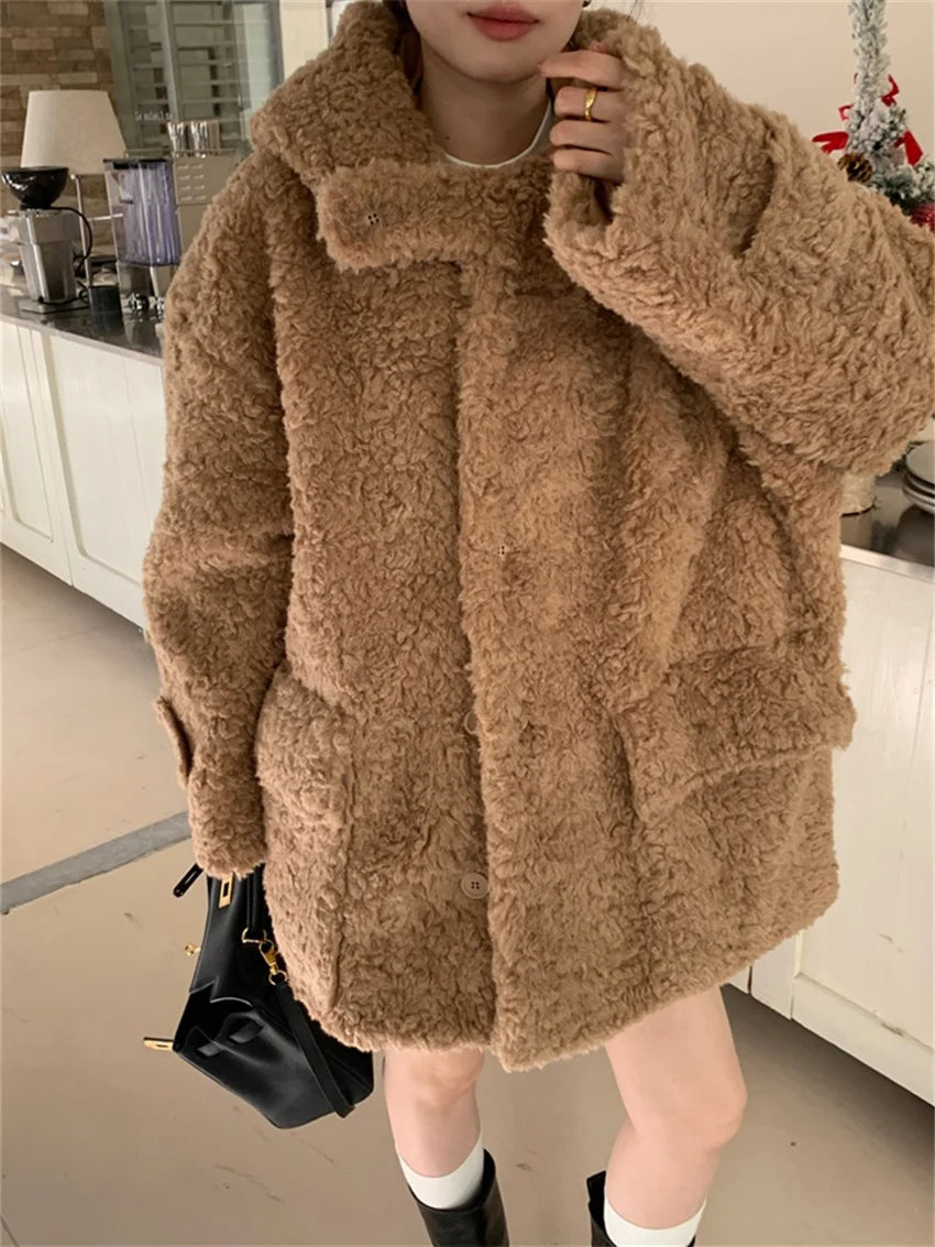 Winter Loose Lamb Wool Coats Gentle Thicken Office Lady All Match Hooded Warm Daily