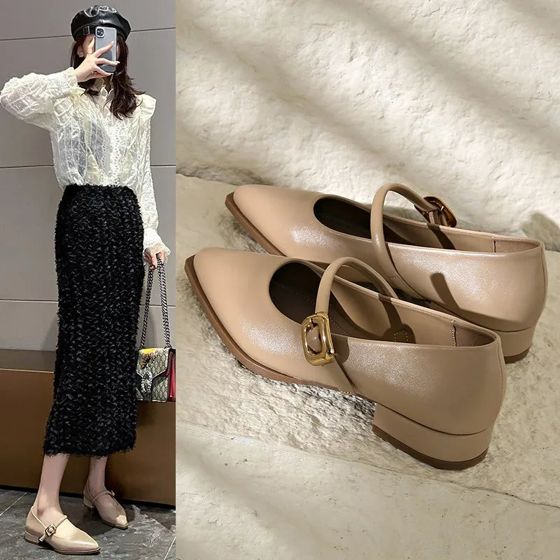 Pointed Toe Loafers Black Brown White Mules Shoes Belt Buckle Shallow Slip on Low Flat Heeled Party Pumps