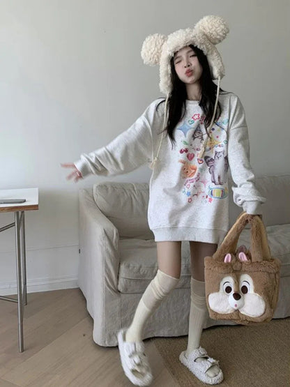 Kawaii Cat Print Hoodie Cutecore Long Sleeve Sweatshirt American Retro Egirl Kitten Angel Graphic Alt Clothes Y2k
