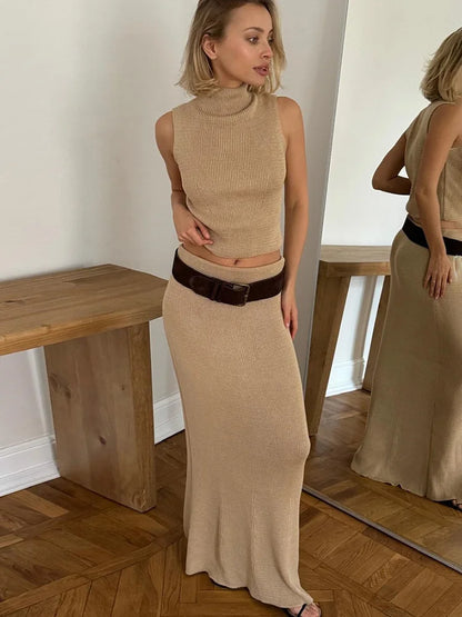 Sweater Two Pieces Set Sleeveless Knitted Turtleneck Vest High Waist Skirt Female Slim Dress Sets New