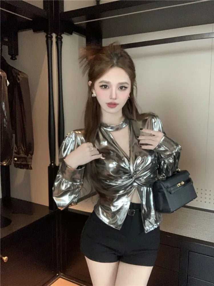 Halter Shiny Blouse Puff Sleeve Vneck Slim Fit Shirts Autumn Winter Design Silver Top