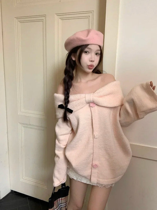 Off Shoulder Pink Sweet Gentle Wind Bow Soft Glutinous Sweater Autumn Loose Versatile Knitted Top