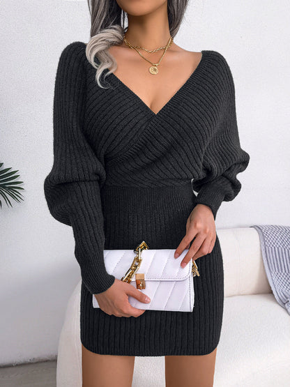 Sweater Dresses Formal Deep V Neck Mini Dress Batwing Long Sleeve Knitted Winter Dresses