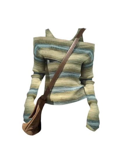 Harajuku Knitted Jumper Striped Long Sleeve Autumn Winter Slash Neck Sweater Korean Slim Pullover Gyaru Grunge Clubwear