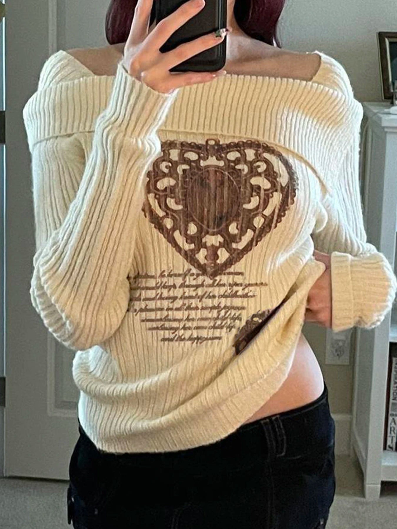 White Autumn Winter New Sweater Long Sleeve Y2k Retro Heart Print Top Off Shoulder Hotsweet Slim Pullovers