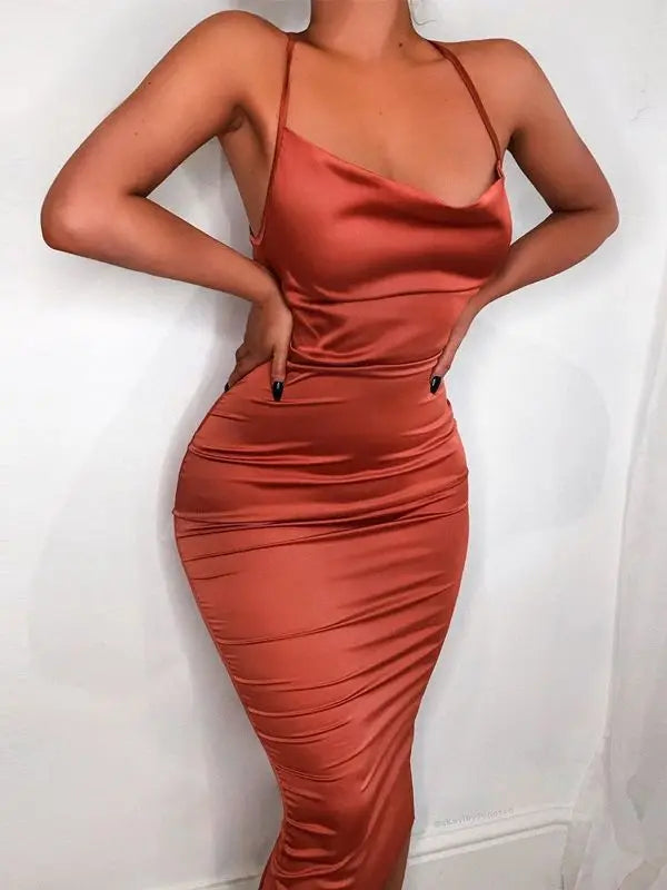 Neon Satin Lace Up Backless Midi Dress