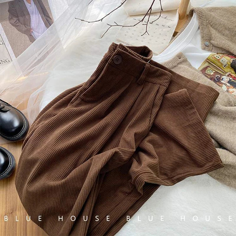 Corduroy Wide Leg Pants Baggy Trousers Harajuku Korean High Waist Black Full Length Pants