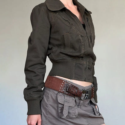 Y2k Cargo Jacket With Zipper Autumn Stitch Detail Lady Pockets Coat Street Outfits