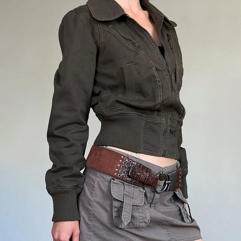 Y2k Cargo Jacket With Zipper Autumn Stitch Detail Lady Pockets Coat Street Outfits