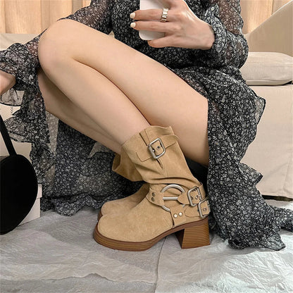 Cow Suede Leather Midcalf Boots Thick High Heels Autumn Winter Warm High Boots Motorcycle Boots Shoes