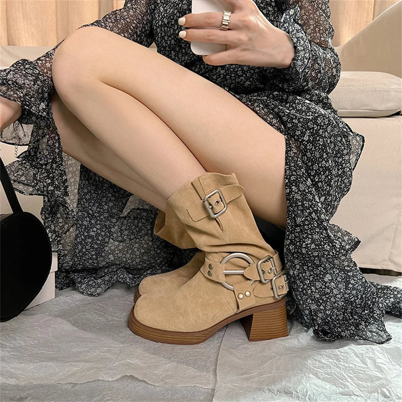 Cow Suede Leather Midcalf Boots Thick High Heels Autumn Winter Warm High Boots Motorcycle Boots Shoes