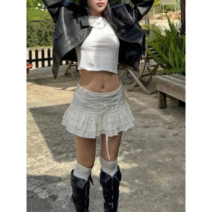 Spring and Summer Korean Retro High Street Low Waist Laceup Mini Cake Skirt Skirt