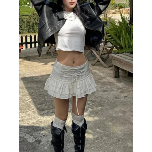 Spring and Summer Korean Retro High Street Low Waist Laceup Mini Cake Skirt Skirt
