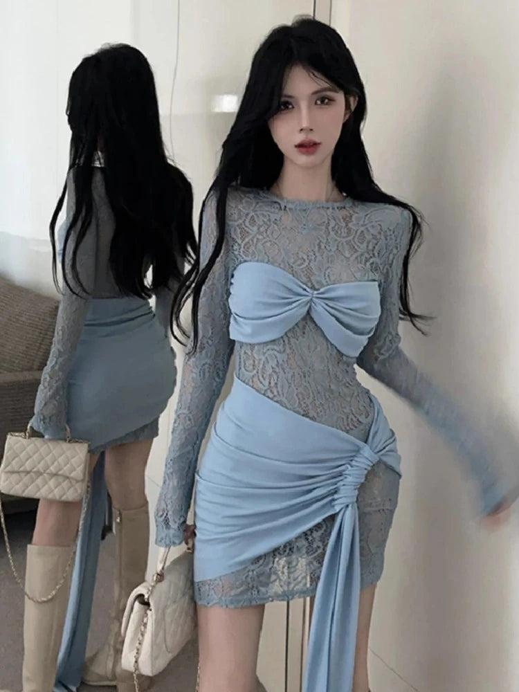 Mini Dresses Sweet Long Sleeve Slim Ruched O Neck Irregular Party Dress Party Autumn Clubwear