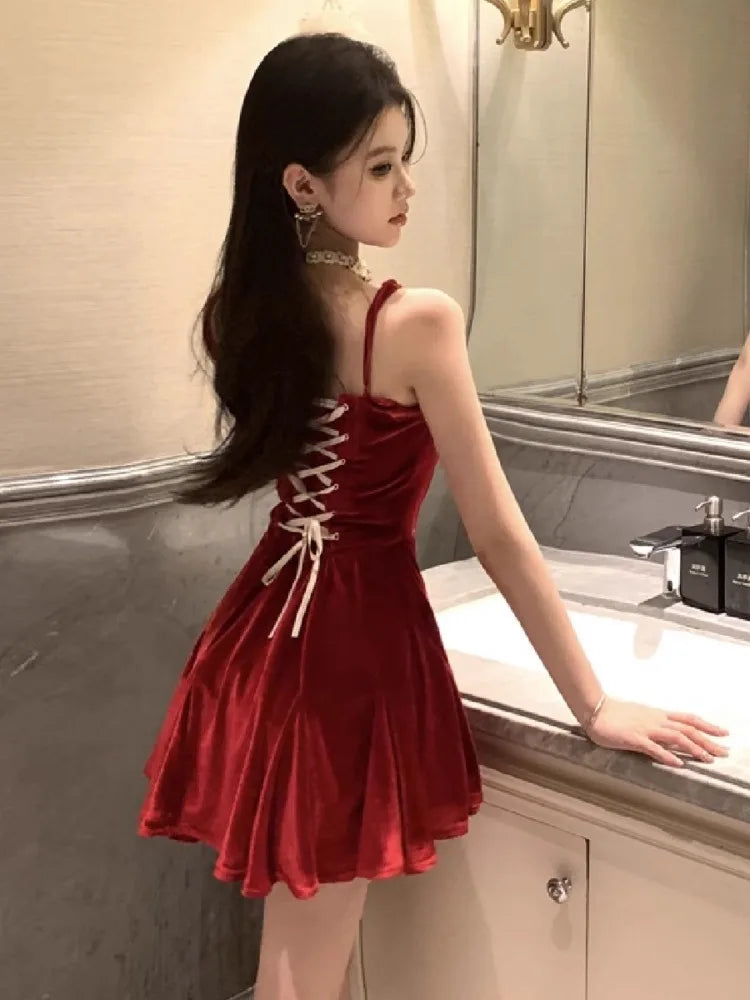 Dresses Sleeveless Velvet Patchwork Bow Ruffles Slim Backless Mini Dress Party Female