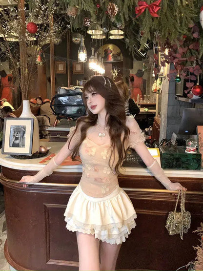 3d Flower Lace Top Lace Up Bubble Sleeves Blouses Summer Bow Waist Wrap Slim Sweet Spicy Girl Short Shirts Tops
