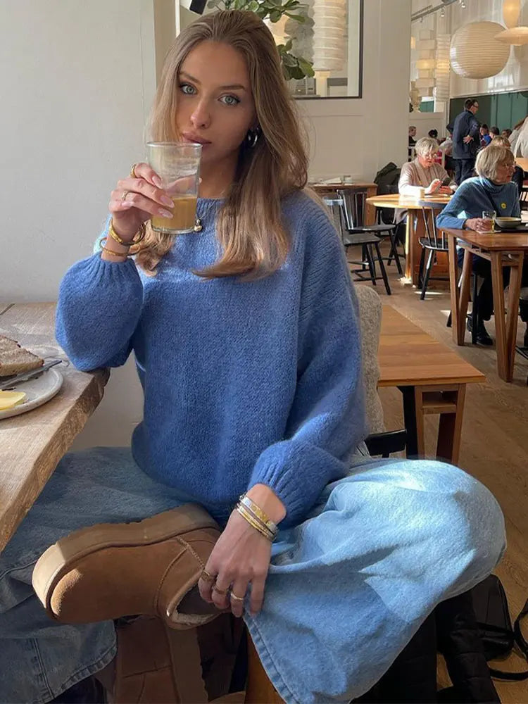 Color Round Neck Long Sleeved Sweater Loose Blue Warm Pullover Autumn Winter Female Street Jumper